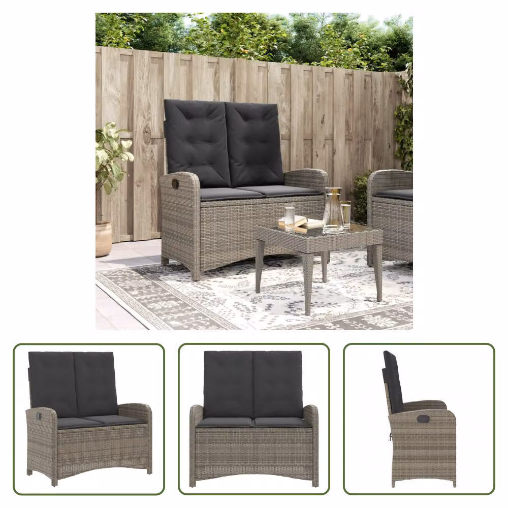 The Living Store Panca da giardino regolabile con cuscini in Poly Rattan grigio
