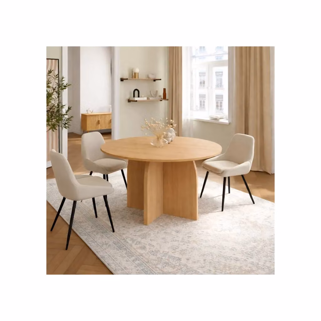 IDMarket Tavolo da pranzo fisso rotondo EDITH stile Japandi per 6 persone effetto legno faggio colore beige e marrone Diametro: 110 cm, Altezza: 74 cm – 2