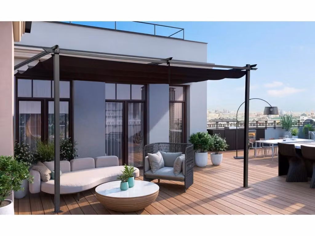 Pergola con tetto retrattile Habitat et Jardin, modello a parete, grigio antracite, L: 4 m, P: 3 m, H: 2,31 m – 2