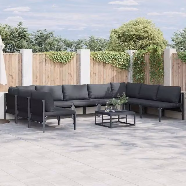 Set Divano da Giardino a L vidaXL 9 pz Antracite con Cuscini in Poliestere Resistente ai Raggi UV e Struttura in Acciaio Verniciato a Polvere – 1