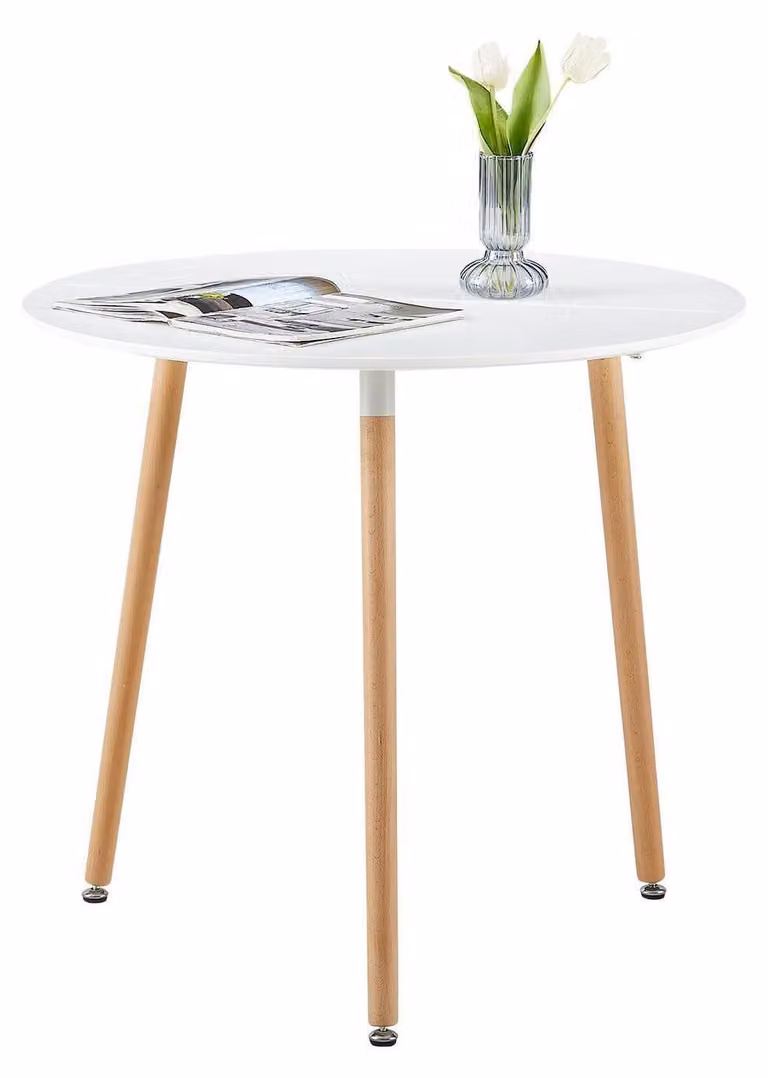Tavolo da pranzo rotondo, bianco, in stile scandinavo, realizzato in MDF, con dimensioni di 80 x 72 cm e 3 gambe in faggio