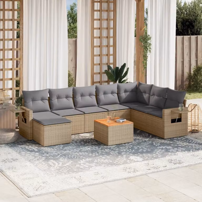 vidaXL Set Divano da Giardino 9 pz in Polyrattan con Cuscini Beige e Tavolino da Esterno