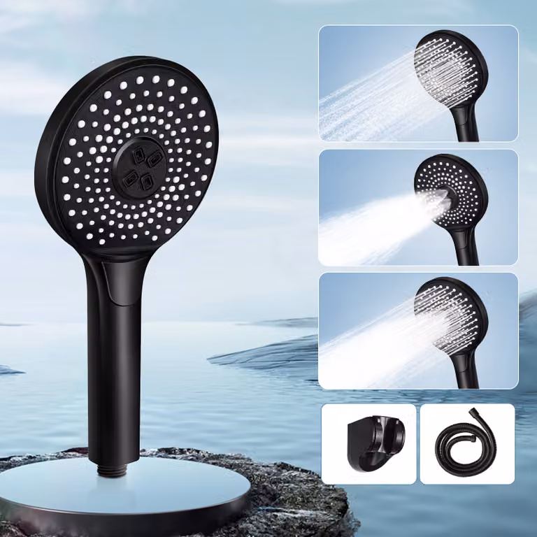 ZMH Soffione nero con tubo flessibile da 1,5 m Doccia a mano rotonda 3 getti Doccia a mano Efficienza energetica Doccia Bagno