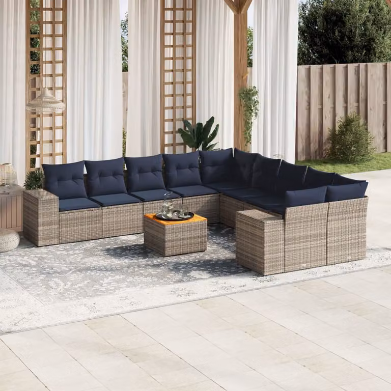 Set Divani da Giardino vidaXL 11 pz in Polyrattan Grigio con Cuscini e Tavolino da Esterno a Forma di L