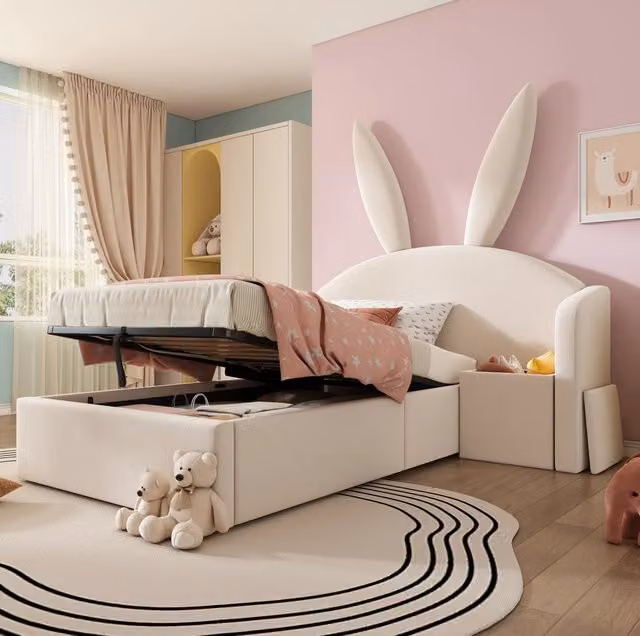 Letto singolo imbottito moderno beige con contenitore a sollevamento e mensola laterale L/P/H: 190 x 90 x 48,7 cm