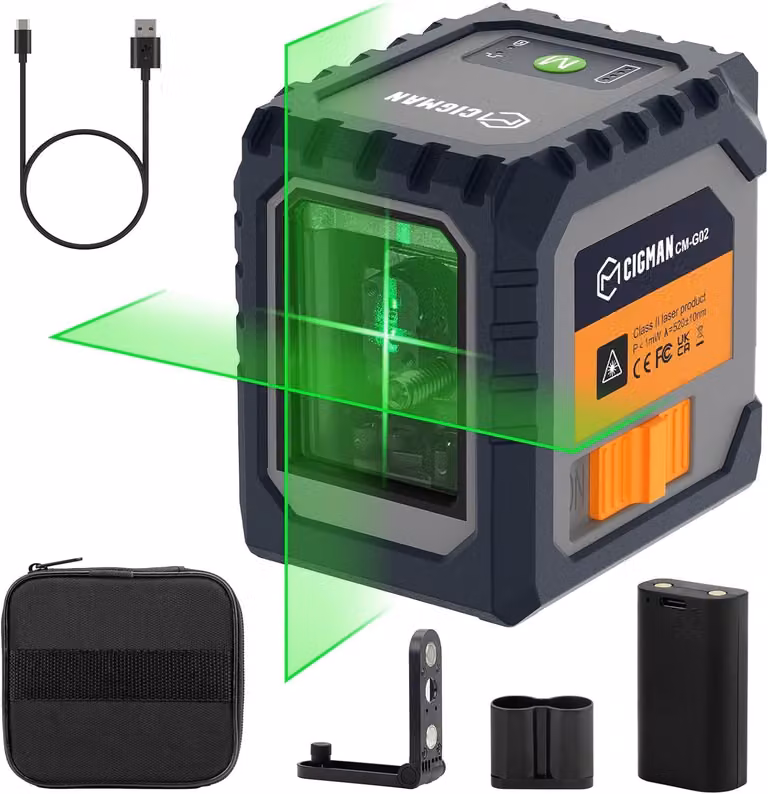 CIGMAN CM-G02 Laser a linee incrociate verde – Autolivellante, ricaricabile, portata 30 m, IP54