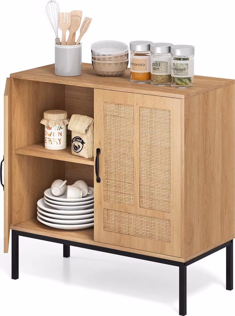 Credenza KOMFOTTEU con 2 ante in rattan, mobile da cucina con 3 ripiani regolabili, mobile buffet con gambe in metallo e protezione antiribaltamento, credenza buffet per soggiorno, sala da pranzo (naturale)