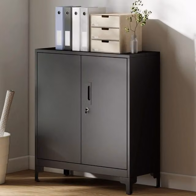 Mobile da ufficio WISHDOR in metallo nero opaco con ante a battente, ripiani interni e serratura, design moderno a parete