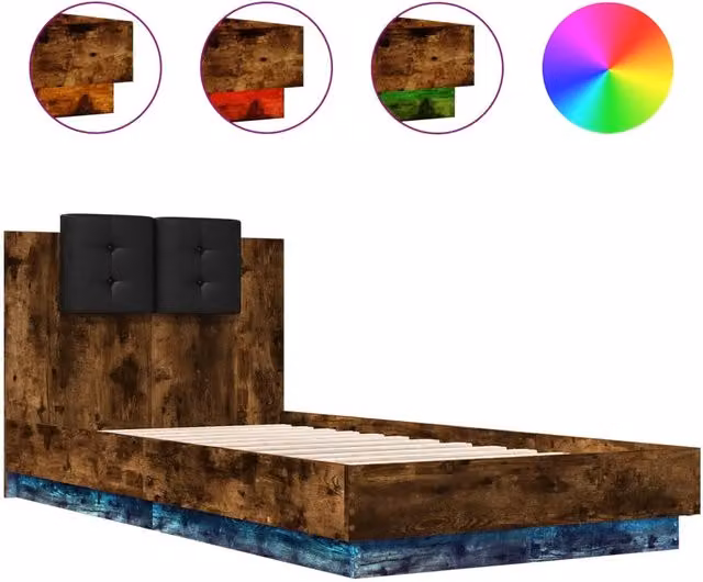 Letto singolo moderno DESIGN IN con testiera, illuminazione LED sottostante e porta di ricarica USB, Rovere Fumo, L: 193 cm, P: 75 cm, H: 84 cm – 1