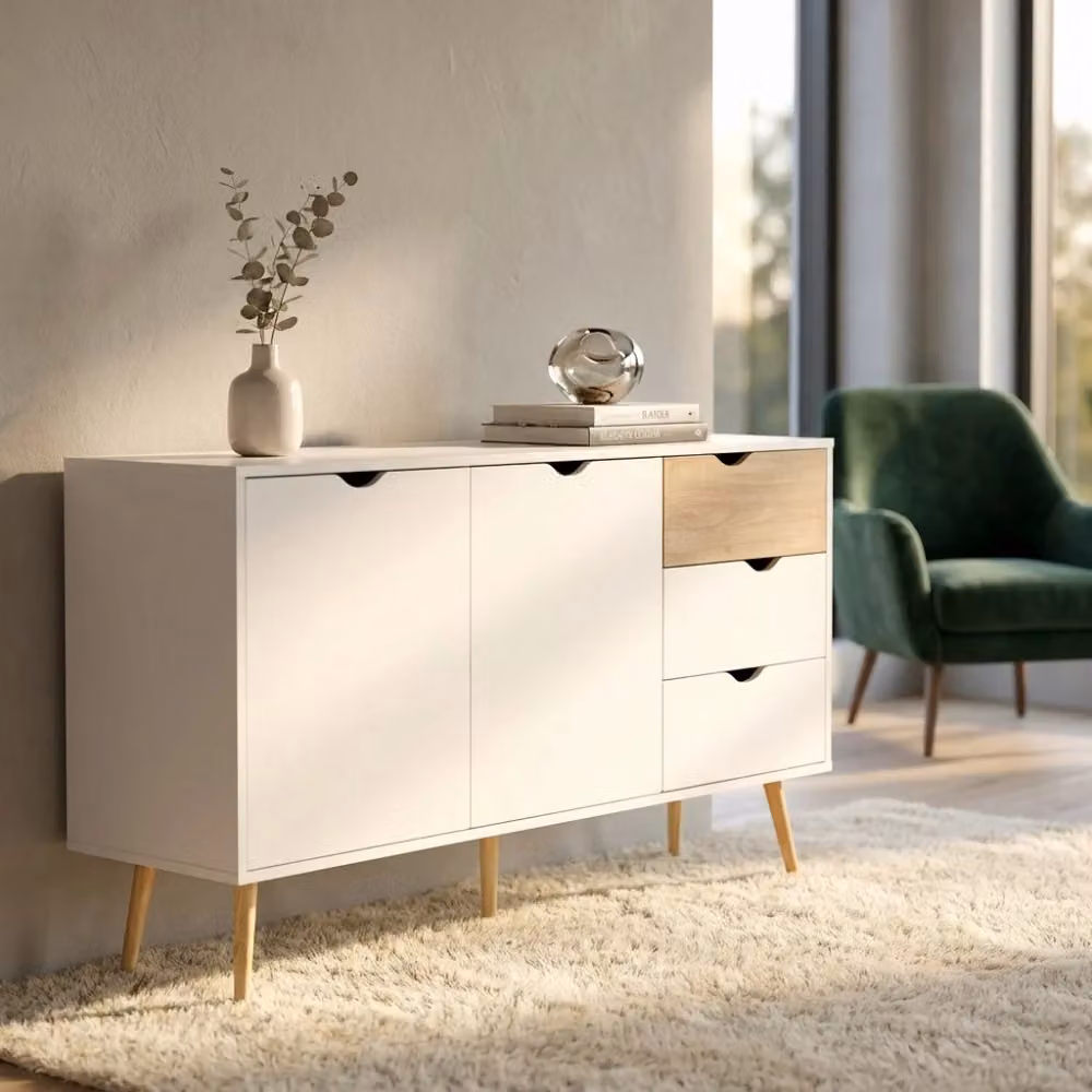 Madia Cosma Mobile Bradley in stile scandinavo con 2 ante e 3 cassetti, Bianco e Marrone, L: 147 cm, H: 82 cm – 2