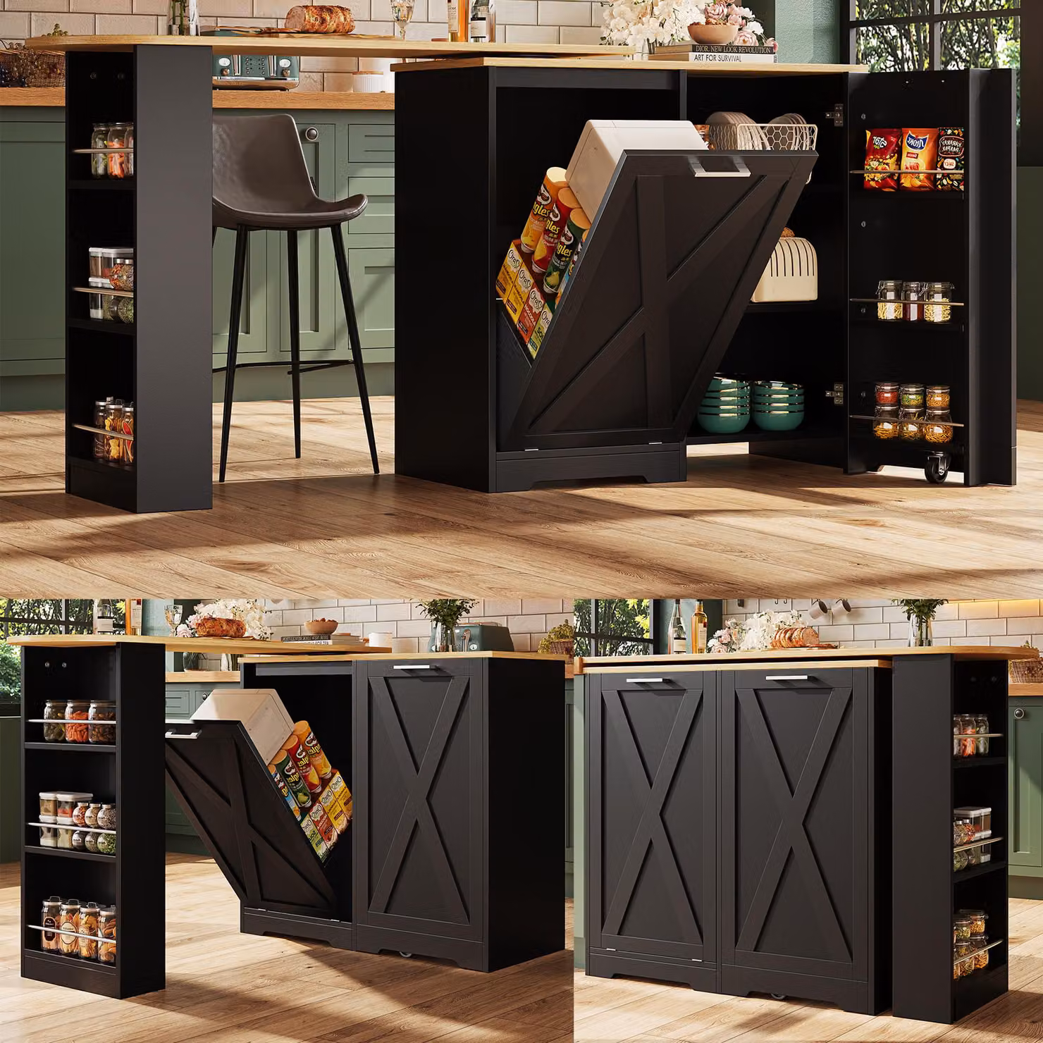 MODFU Mobile da cucina girevole per sala da pranzo e bar con ripiani laterali e vano portaoggetti, mobile da cucina con ante a ribalta e design tridimensionale, nero