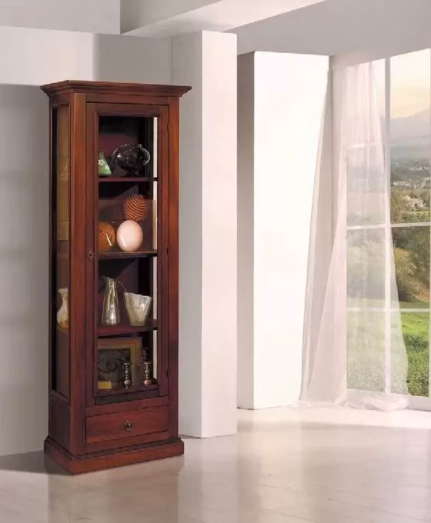 Vetrina classica Mobili 2G in legno con anta in vetro e cassetto, colore marrone, L: 60 cm, P: 30 cm, H: 184 cm – 2