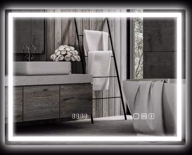 Specchio da bagno LED 80x60 cm con Bluetooth, orologio digitale, 3 tonalità di luce, anti-appannamento, interruttore touch, cornice argento