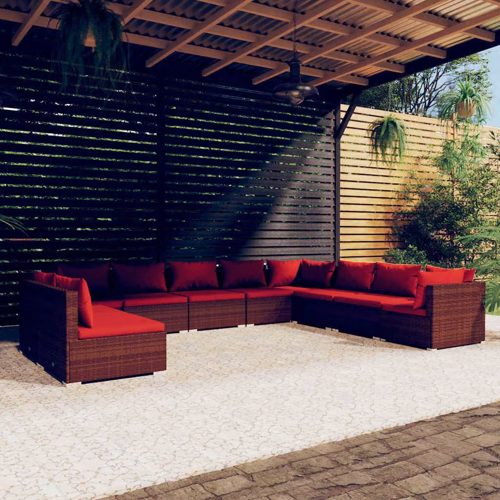 Set di divani da giardino vidaXL a forma di U composto da 10 pezzi con cuscini imbottiti in polyrattan marrone e rosso e struttura in metallo