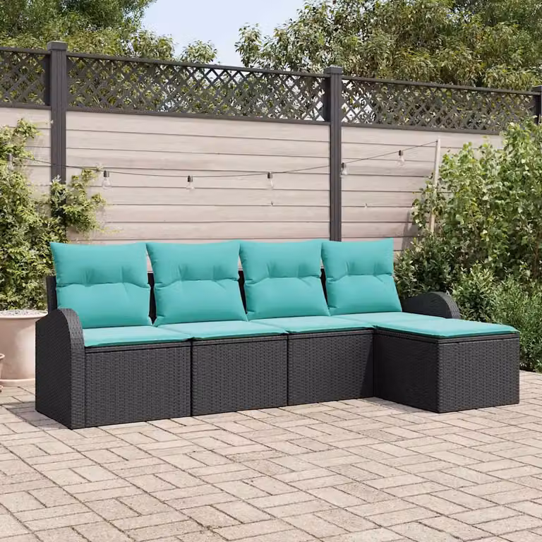 Set di divani da giardino vidaXL a forma di L con pouf, colore nero e turchese, in rattan e metallo con cuscini inclusi