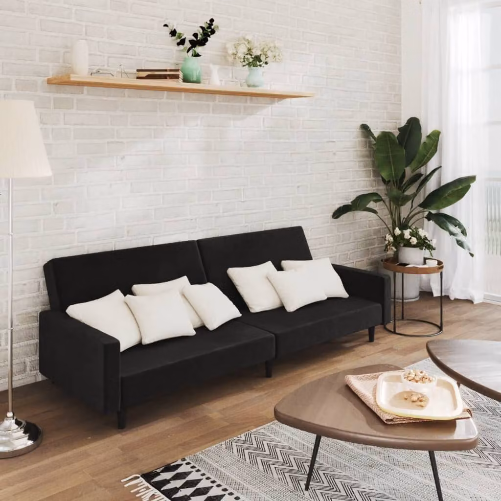 vidaXL Divano Letto Click-Clack Moderno in Velluto Nero con Struttura in Legno Solido e Poggiatesta Regolabile