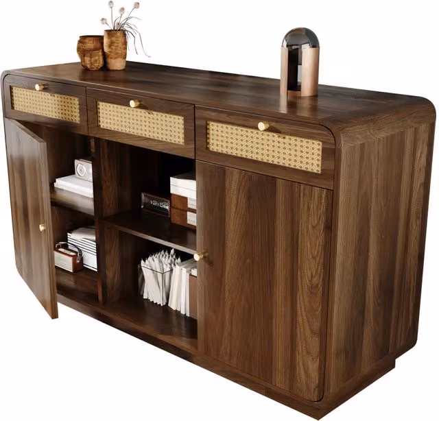 Credenza 120x40x85 cm in MDF e truciolare; 3 cassetti; ante e ripiani; effetto noce