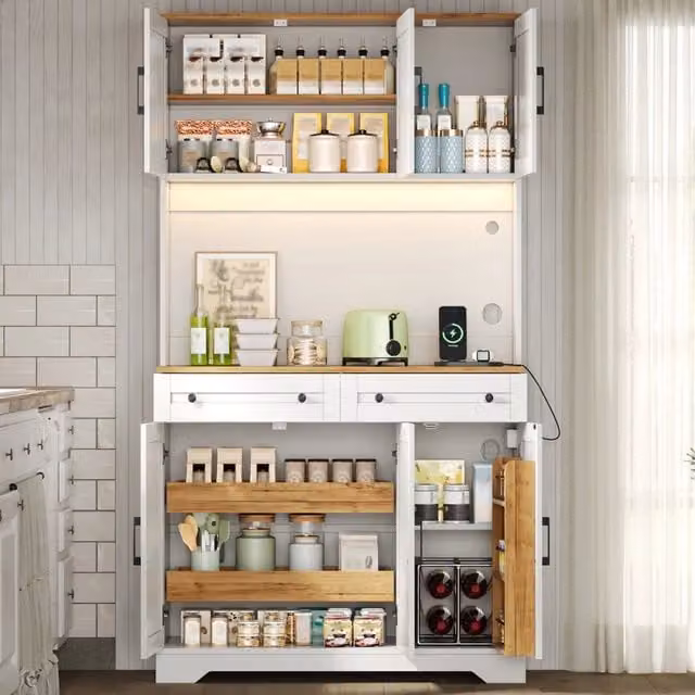 Mobile dispensa moderna in MDF bianco con illuminazione LED RGB, organizer estraibili, prese AC e USB, L/P/H: 100 x 40 x 180 cm