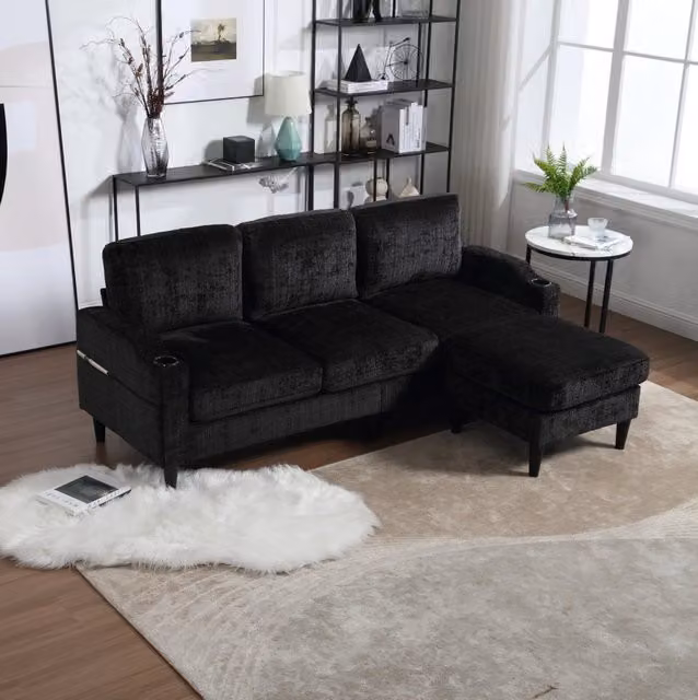Divano 4 posti con pouf contenitore; portabicchieri e tasche laterali; chenille nero