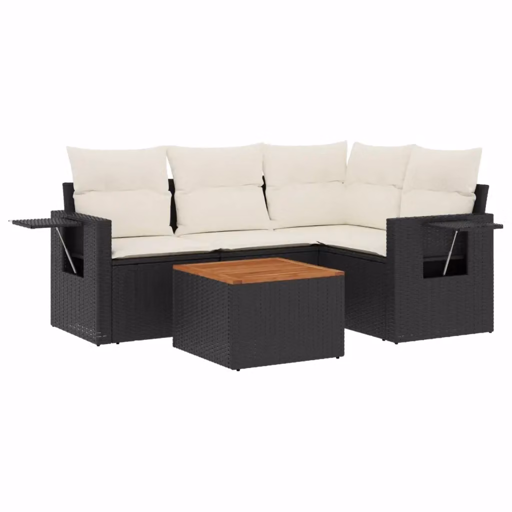 vidaXL Set Divani da Giardino a L 5 pz in Polyrattan Nero con Cuscini e Tavolino – 2