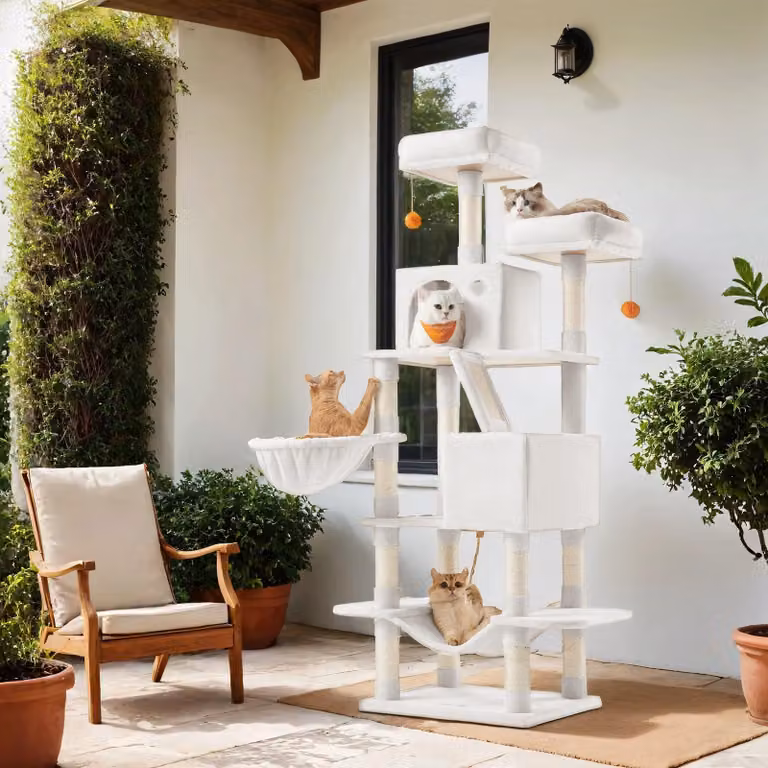 Albero per gatti – Torre da arrampicata – Centro giochi – Protegge i mobili – 55 x 45 x 168 cm – Bianco crema