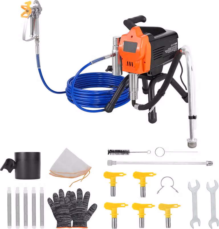 Spruzzatore airless SucceBuy con potenza di 1500 W e pressione di 3300 psi, sistema di spruzzatura della vernice da 2,65 L/min comprensivo di spazzola di pulizia, tubo flessibile, asta di prolunga e ugelli - ideale per l'uso in edifici residenziali e comm