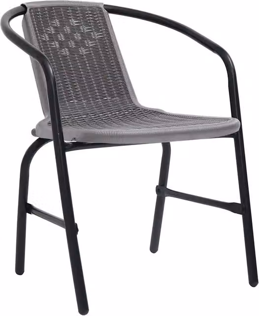 Set di 4 sedie da giardino impilabili in rattan, plastica e acciaio con braccioli, nero e grigio