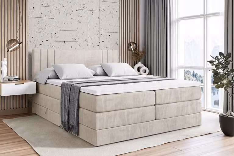 Letto boxspring ALTDECOR con 2 materassi e topper - 180x200 cm - IDRIKO KING - Velluto color crema - Letto imbottito con materassi H3 e H4, contenitore e rete a doghe, letto con spazio contenitivo