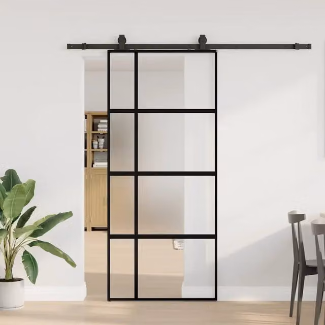 Porta Scorrevole Moderna vidaXL in Vetro Trasparente e Alluminio con Ferramenta Nera L: 90 cm, H: 205 cm