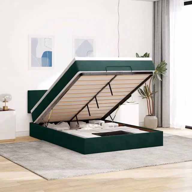 Letto con contenitore a sollevamento vidaXL in velluto verde e bianco con materasso a molle L/P/H: 193 x 144 x 88 cm – 1
