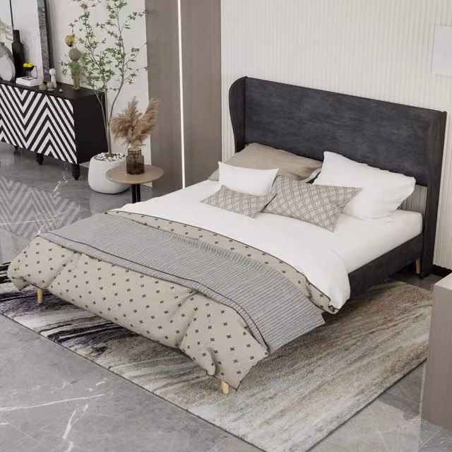 Letto matrimoniale 160×200 cm 2 posti con testiera imbottita e schienale, senza materasso, velluto grigio