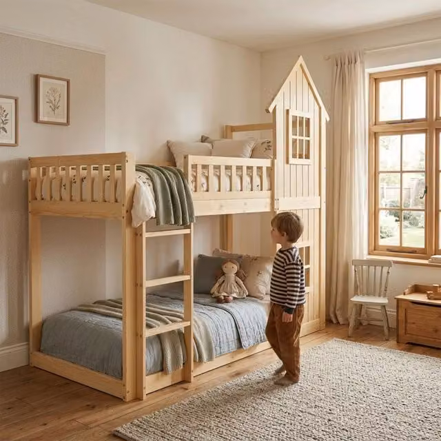 Letto a castello per bambini, 2 finestre, forme a casa, scala a tre gradini, recinzione su tutti i lati, pino e MDF, Naturale, 90x200 cm