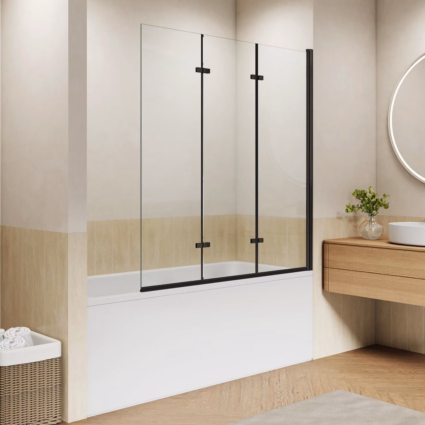 Pannello doccia per vasca da bagno, 130x140 cm, composto da 3 elementi pieghevoli, colore nero