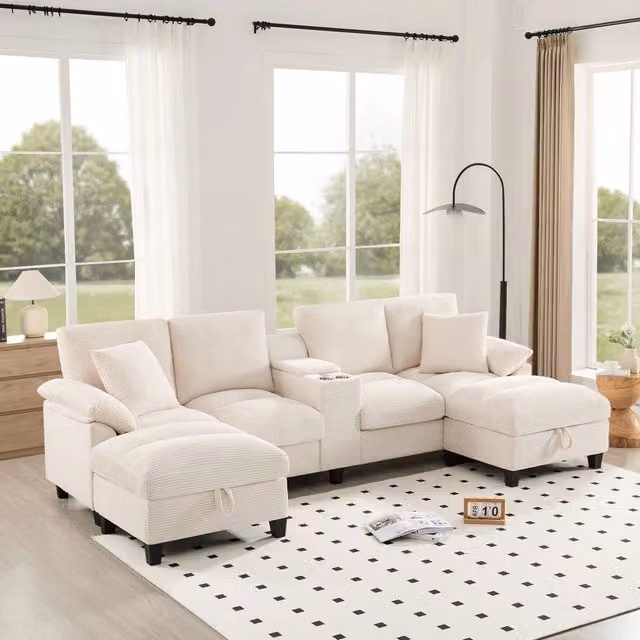 Divano panoramico a U modulare con contenitore, 2 porte USB, portabicchieri e cuscini in velluto a coste beige