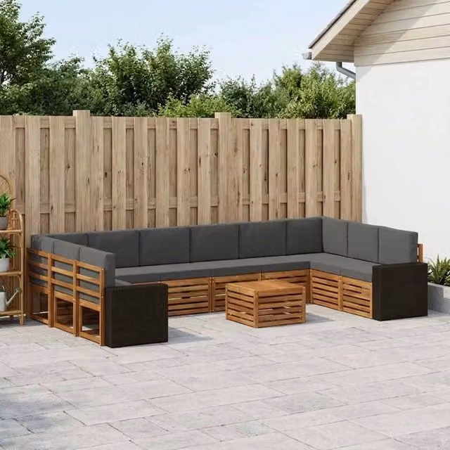 Set di divani da esterno vidaXL a forma di L composto da 11 pezzi in legno di acacia con cuscini beige e antracite
