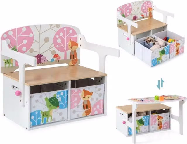 Set tavolo e sedie per bambini con panchina convertibile e 2 cassetti in tessuto rimovibili Bianco