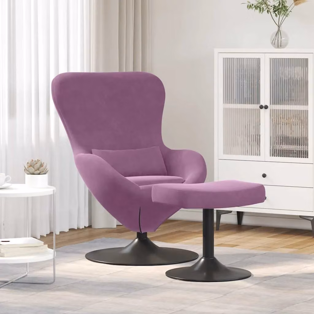 Sedia Egg con Pouf vidaXL in Velluto Viola con Struttura in Metallo e Rotazione a 360 Gradi