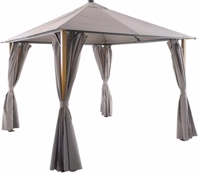 Gazebo da giardino 3x3m in alluminio effetto legno con tende e led,