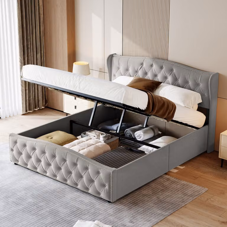 Letto imbottito ProximaX 160x200cm con rete a doghe, letto a molle idrauliche con rete e contenitore, letto matrimoniale in velluto con contenitore letto funzionale, grigio