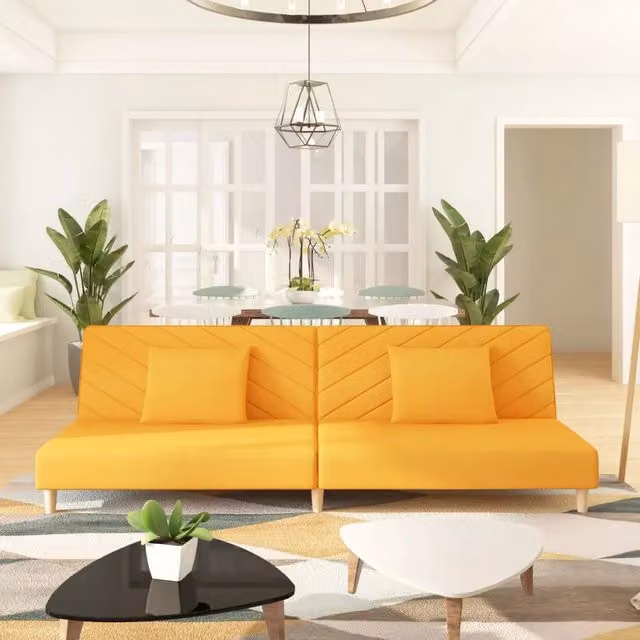 Divano Letto Click-Clack Moderno vidaXL in Tessuto Giallo con Cuscini e Struttura in Legno Massello L/P/H: 220 x 140 x 84,5 cm