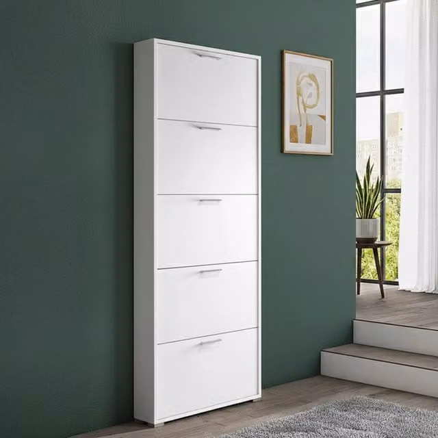 Scarpiera Amigo DMORA, Mobile multiuso da ingresso con 5 ante a ribalta, Armadietto moderno Bianco, L: 67 cm, P: 18 cm, H: 184 cm – 1