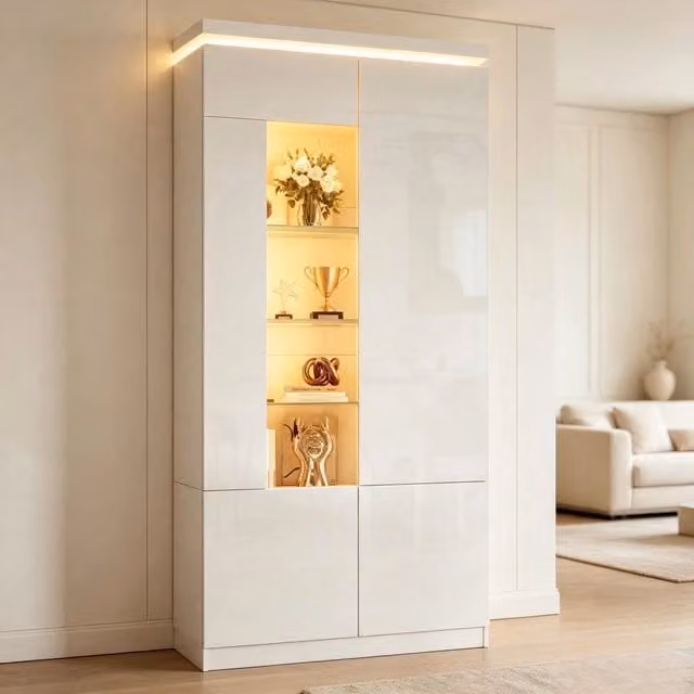 Vetrina con LED, 4 ante e 6 ripiani di cui 3 regolabili, finitura lucida, per soggiorno, MDF bianco, 80 × 35 × 180 cm