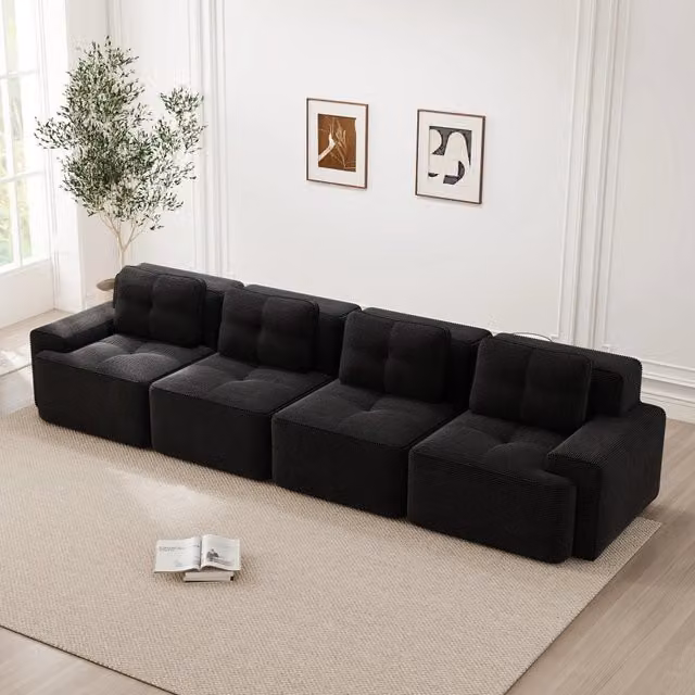 Divano modulare 382x104x69 cm in corduroy nero, senza montaggio, per soggiorno –