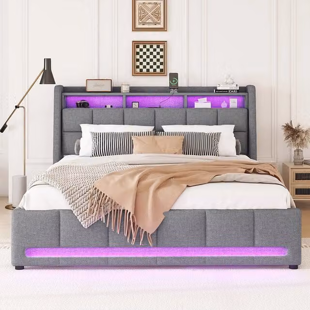 Letto con cassetti - Xylo - 140x200 cm - Grigio - Luci ambientali telecomando USB