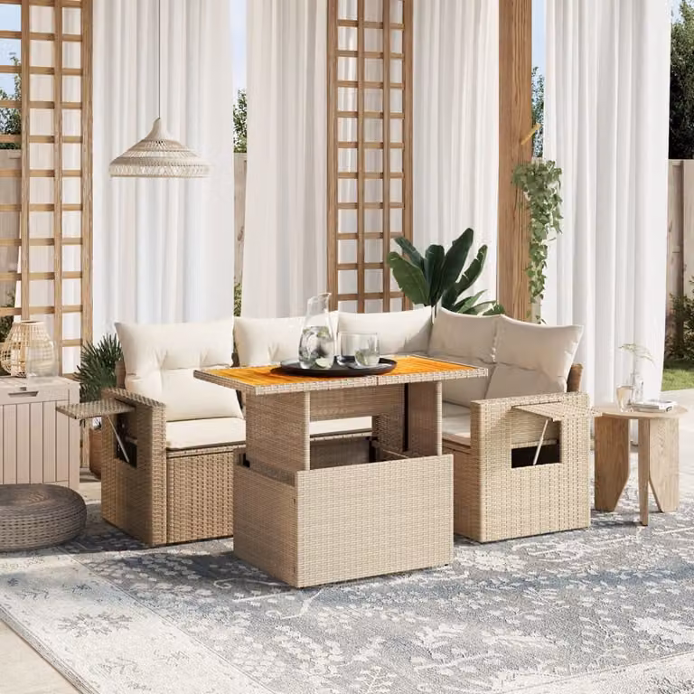vidaXL Set Divano da Giardino a L 5 pz in Polyrattan con Cuscini Beige e Tavolino