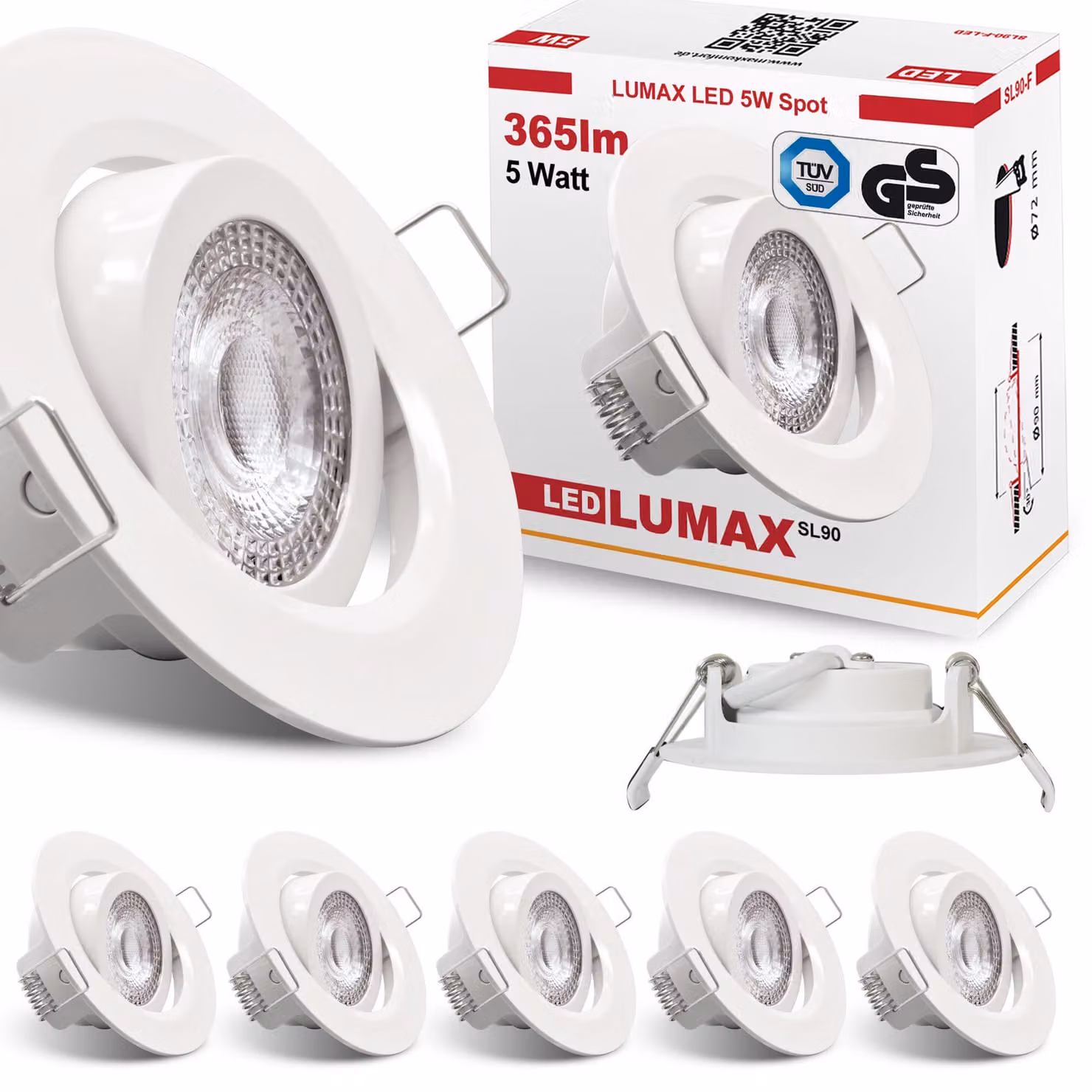 6 faretti LED da incasso, dimmerabili, ultrapiatti, 5 Watt, bianco, orientabili, 230V, rotondi, luce bianco caldo, IP20. Plafoniera, faretto da soffitto, Lumax SL-90