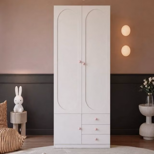 Armadio bambini 80 x 50 x 200 cm; 2 ante; vano appendiabiti; cassetti; per la casa moderna; maniglie in ceramica rosa; laccato bianco