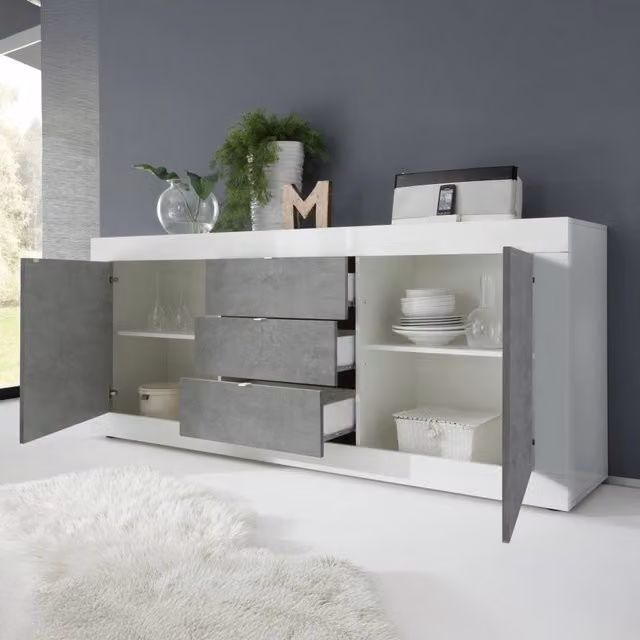 Madia Pasubio DMORA con 3 cassetti, Bianco Lucido, L 210 cm x P 42 cm x H 85.8 cm