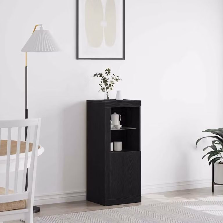 Madia moderna vidaXL con illuminazione LED in rovere nero e vetro, L 41 cm x P 37 cm x H 100 cm