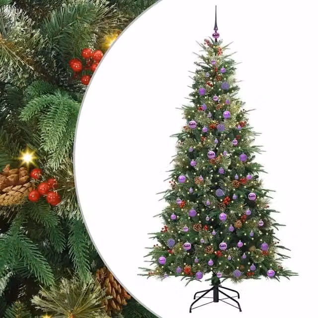 Albero di Natale artificiale moderno vidaXL verde con rami pieghevoli in PVC e luci LED bianco caldo, Altezza: 210 cm – 1